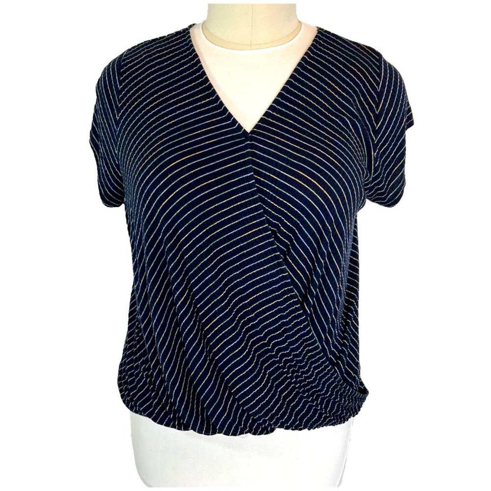 CJ Banks - Women's 1X Knit Top Ribbed Navy Blue Striped Balloon Hem Dolman